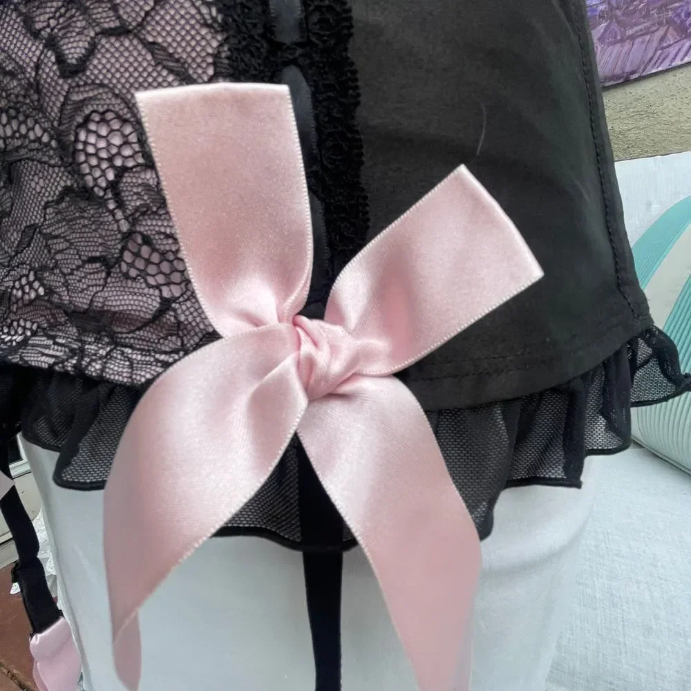 Vintage Y2K Baby Pink Black Lace Lolita Corset MD garter Fredrick's of Hollywood - Picture 4 of 13